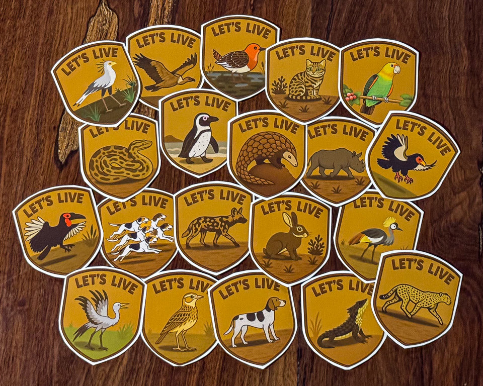 Collection of animal-themed sticker patches with 'Let's Live'