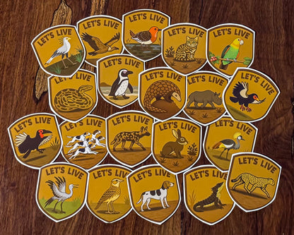 Collection of animal-themed sticker patches with 'Let's Live'