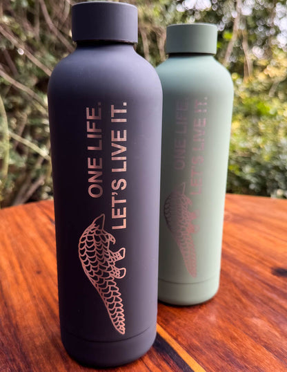 Stainless steel water bottles with 'ONE LIFE. LET'S LIVE IT.' text and a pangolin logo