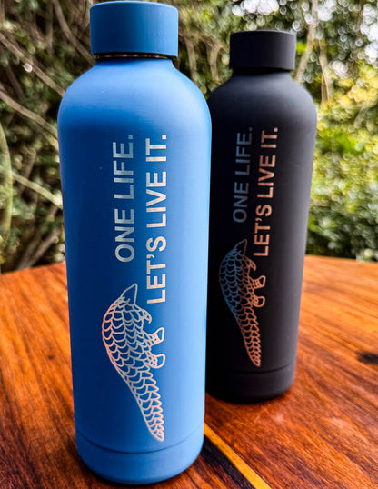 Soft touch stainless steel water bottles, blue and black, with 'One Life. Let's Live It.' text and pangolin engraved graphic