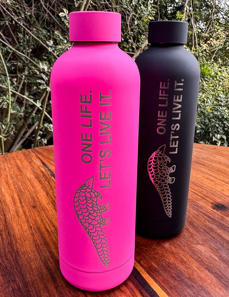 Pink and black water bottles with 'One Life. Let's Live It.' text and engraived pangolin