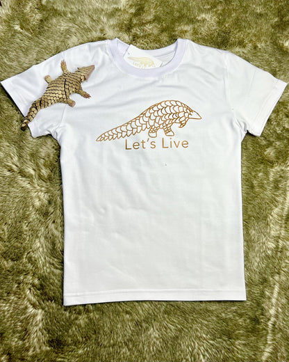 White Let's Live Pangolin Shirt with Bronze Pangolin Ambassador Figure on top of it
