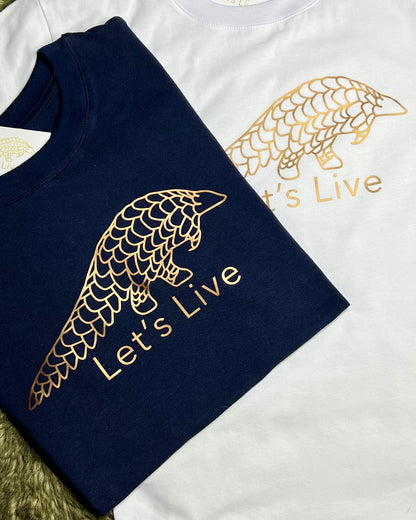 Lets Live Pangolin Navy Tshirts folded over white Shirt