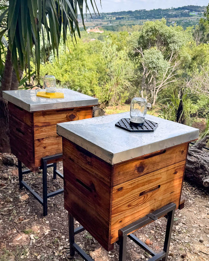Two wooden beehives with water dispensers for bees